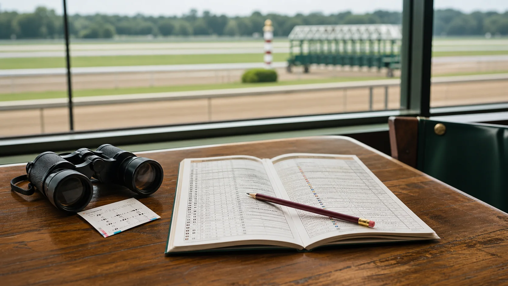 A racing program, pencil, binoculars, and generic ticket on a table overlooking a racetrack