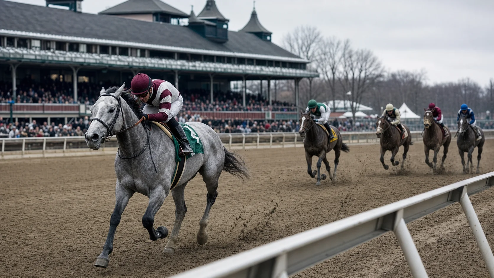 A gray Thoroughbred leading a generic dirt race on a cold day at a New York-style racetrack