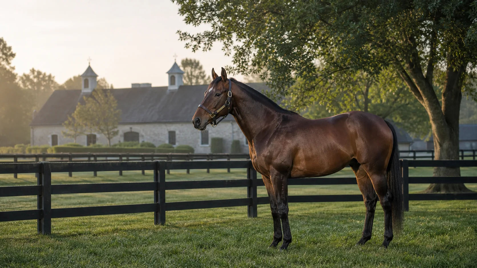 A bay Thoroughbred standing in a fenced paddock at a Kentucky-style horse farm