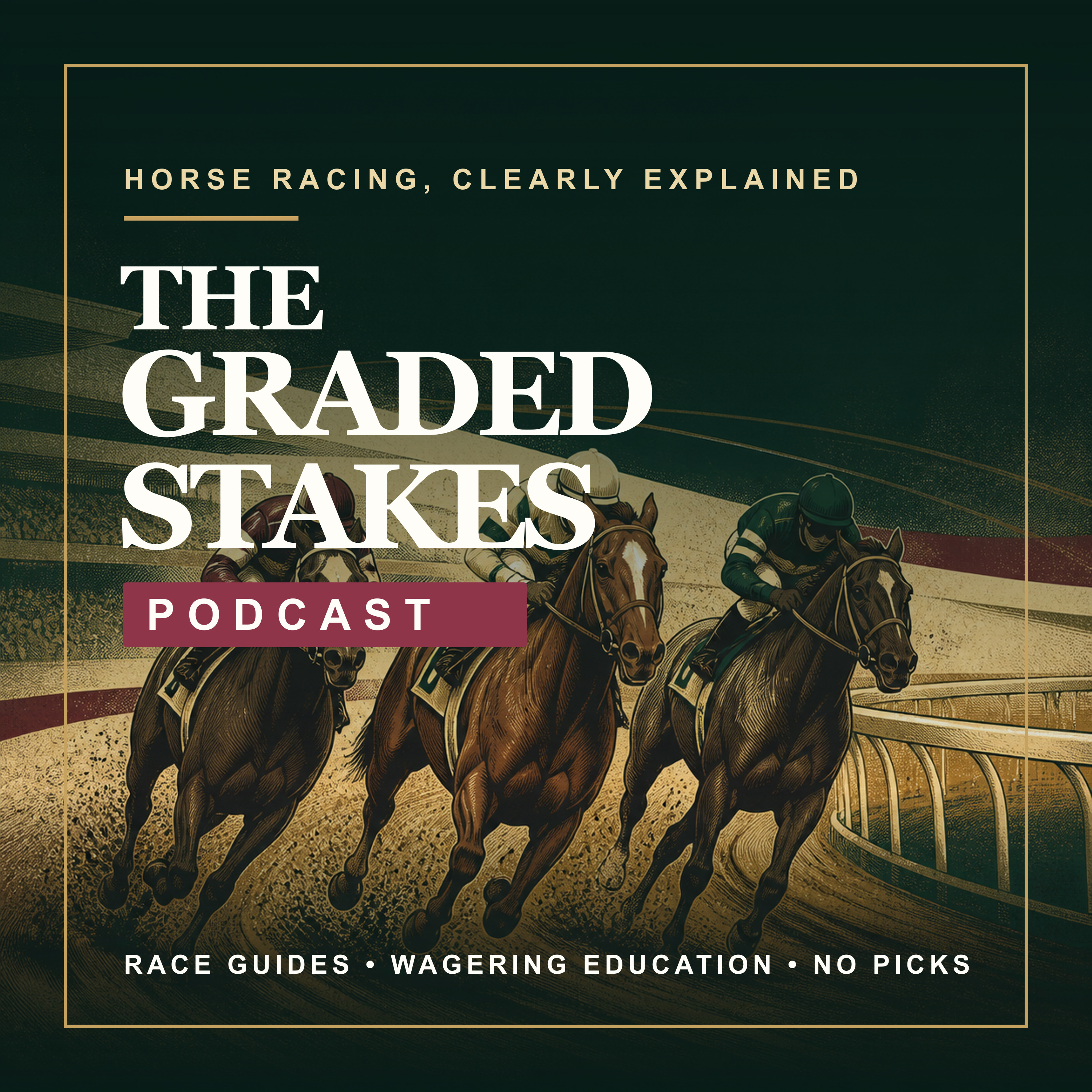 The GradedStakes Podcast cover showing three illustrated racehorses